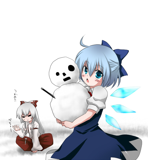 marimozuku, cirno, fujiwara no mokou, touhou, bad id, bad pixiv id, 2girls, ahoge, blue eyes, blue hair, female focus, multiple girls, snowman, wings