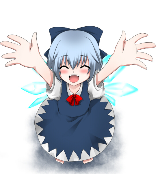 marimozuku, cirno, embodiment of scarlet devil, touhou, bad id, bad pixiv id, 1girl, blue hair, closed eyes, fang, female focus, foreshortening, happy, incoming hug, smile, solo, wings