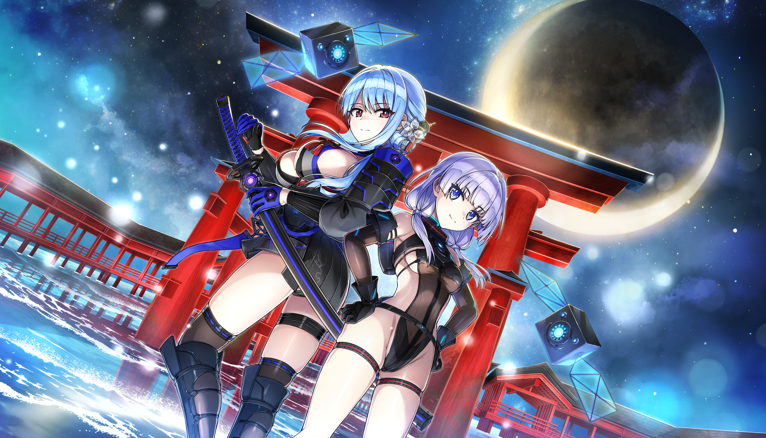 ootomo takuji, nayuki hiori, schnee weissberg, dolphin wave, game cg, highres, non-web source, official art, 2girls, black leotard, blue eyes, blue hair, blunt bangs, breasts, cleavage, closed mouth, crescent moon, elbow gloves, gloves, hair ornament, hair over shoulder, hands on own hips, highleg, hime cut, holding, holding sword, holding weapon, large breasts, leotard, long hair, looking at another, looking at viewer, low twintails, moon, multiple girls, night, night sky, ocean, official alternate costume, official alternate hairstyle, purple hair, red eyes, shoes, sideboob, sky, small breasts, smile, sparkle, sword, thigh strap, thighhighs, torii, twintails, uwabaki, weapon