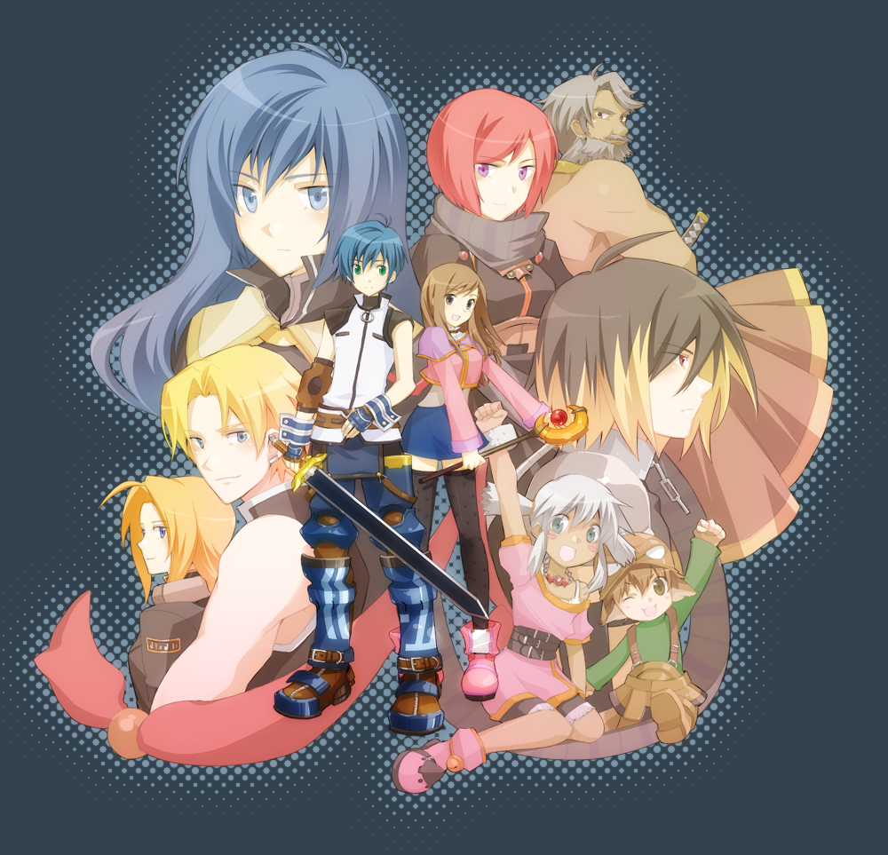 agi, adray lasbard, albel nox, cliff fittir, fayt leingod, maria traydor, mirage koas, nel zelpher, peppita rossetti, roger s. huxley, sophia esteed, square enix, star ocean, star ocean: till the end of time, 5boys, 5girls, multiple boys, multiple girls, one eye closed, sword, thighhighs, weapon, wink