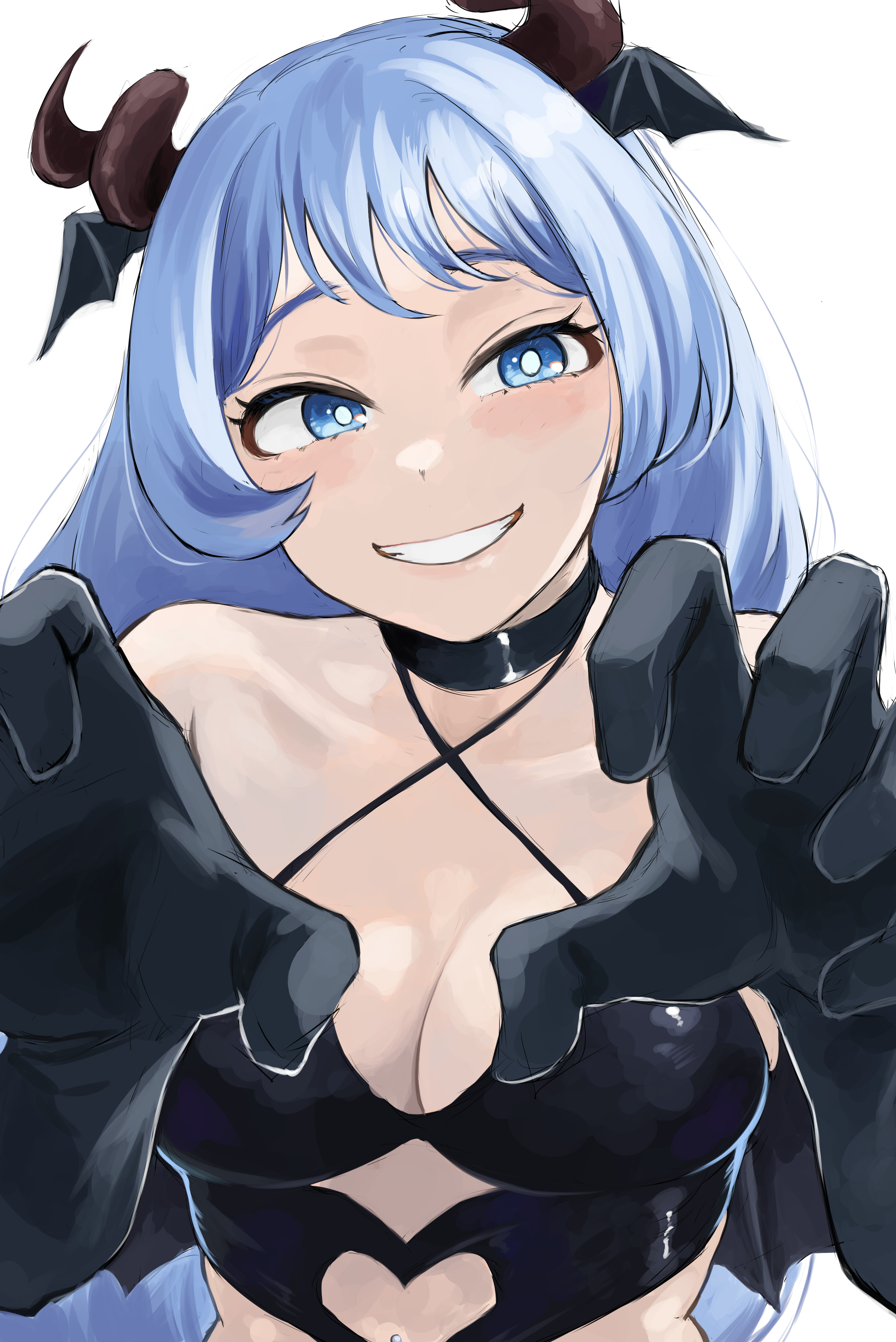fengling (furin-jp), hado nejire, boku no hero academia, absurdres, highres, 1girl, alternate costume, black choker, black gloves, black wings, blue eyes, blue hair, breasts, brown horns, choker, demon girl, demon wings, gloves, grin, halterneck, head wings, horns, long hair, medium breasts, multiple wings, navel piercing, piercing, smile, solo, teeth, wings