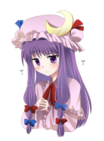 marimo danshaku, marimozuku, patchouli knowledge, touhou, bad id, bad pixiv id, 1girl, blush, crescent, crying, crying with eyes open, female focus, hat, long hair, looking down, own hands together, purple eyes, purple hair, sad, simple background, solo, tears, upper body