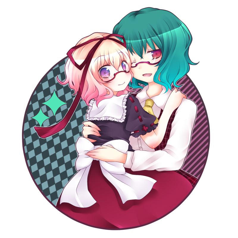 shiguri, kazami yuuka, medicine melancholy, touhou, bad id, bad pixiv id, 2girls, ;), aqua hair, ascot, bespectacled, blonde hair, circle, female focus, glasses, green hair, hug, looking back, multiple girls, one eye closed, plaid clothes, plaid skirt, plaid vest, purple eyes, red eyes, ribbon, short hair, skirt, skirt set, smile, vest, white background