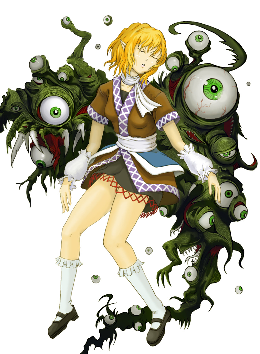 sai-go, mizuhashi parsee, touhou, bad id, bad pixiv id, blonde hair, closed eyes, creepy, green eyes, horror (theme), monster, pointy ears, solo