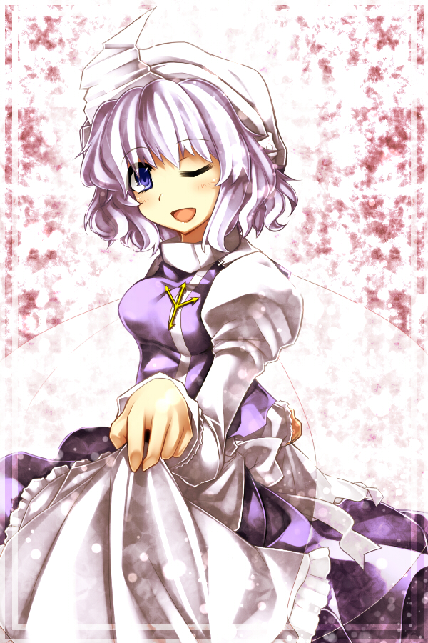 kazetto, letty whiterock, touhou, 1girl, blue eyes, breasts, dress, female focus, hat, smile, solo, white hair, wink