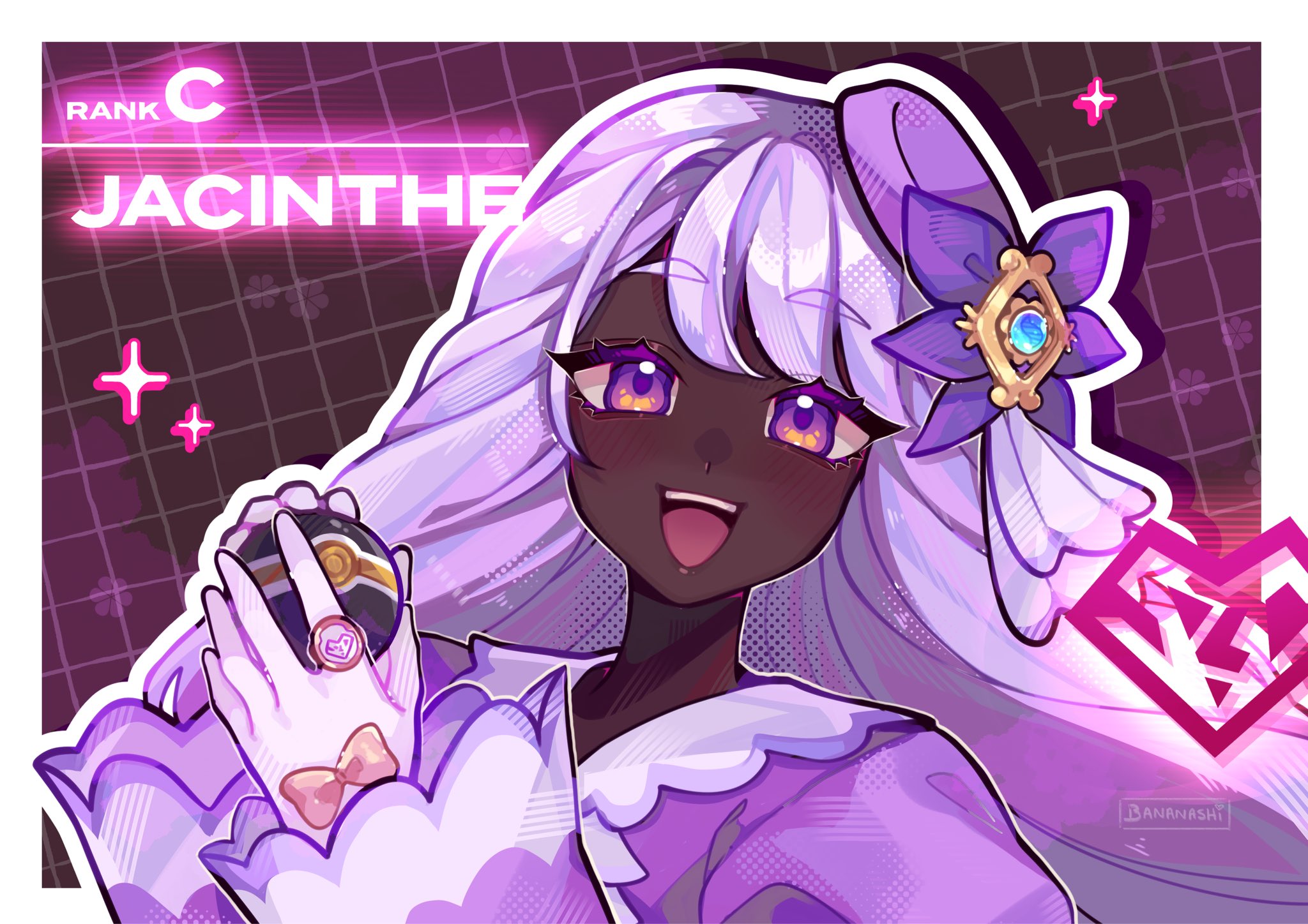 jacinthe (pokemon), nintendo, pokemon, pokemon legends: z-a, heart ring, derivative work, highres, screenshot redraw, 1girl, character name, dark-skinned female, dark skin, dress, english text, fascinator, glove bow, gloves, hands up, heart, holding, holding poke ball, long hair, looking at viewer, luxury ball, mega stone, open mouth, outline, poke ball, purple dress, purple eyes, purple hair, shirayukibanshi, smile, teeth, upper teeth only, very dark skin, white outline