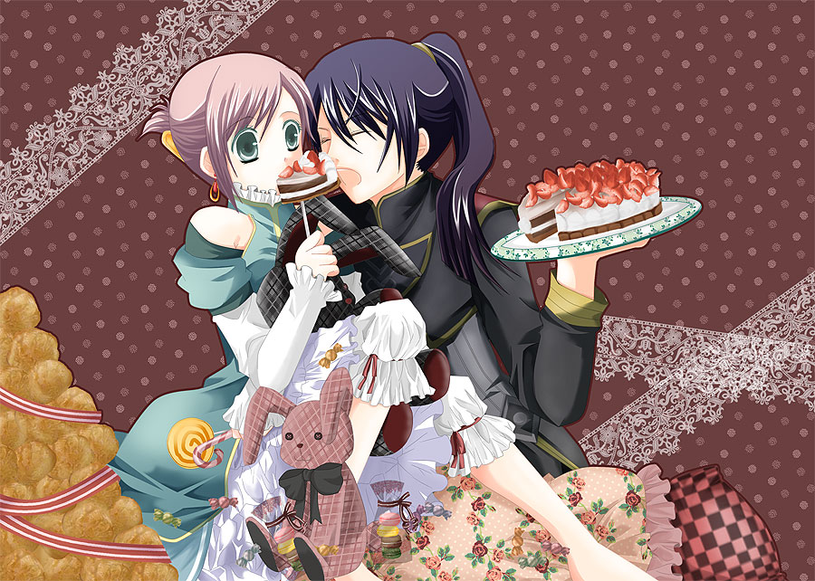carpaccio yamada, estellise sidos heurassein, yuri lowell, tales of (series), tales of vesperia, bad id, bad pixiv id, 00s, 1boy, 1girl, cake, candy, dress, earrings, feeding, food, fruit, jewelry, macaron, official alternate costume, pastry, strawberry, stuffed animal, stuffed rabbit, stuffed toy
