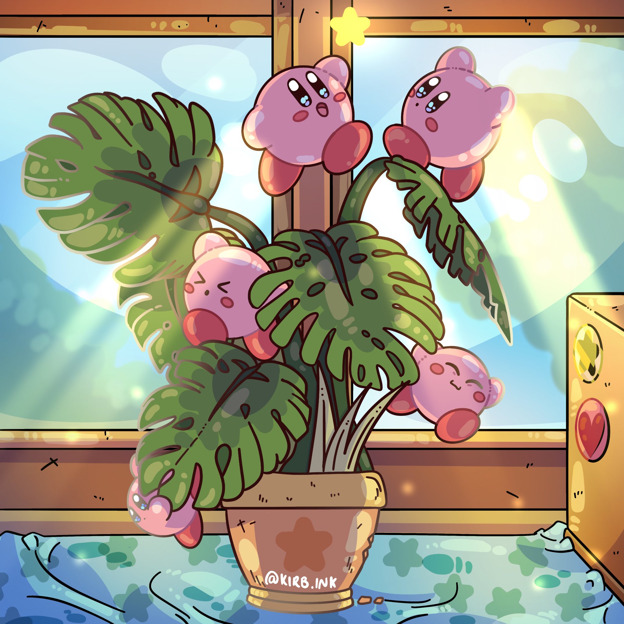 aimaay, kirby, kirby (series), nintendo, commentary, english commentary, highres, :d, :o, open mouth, plant, potted plant, smile, star (symbol), sunlight, window