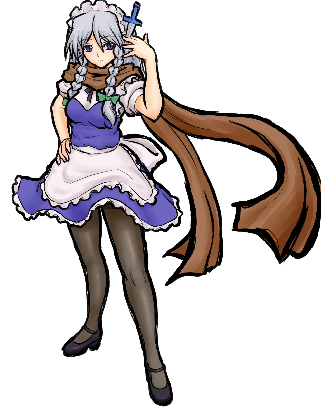 kuro suto sukii, izayoi sakuya, perfect cherry blossom, touhou, silver hair, highres, 1girl, between fingers, braid, breasts, dress, female focus, full body, hand on own hip, holding, knife, long scarf, maid, pantyhose, scarf, simple background, solo, standing, throwing knife, twin braids, weapon, white background