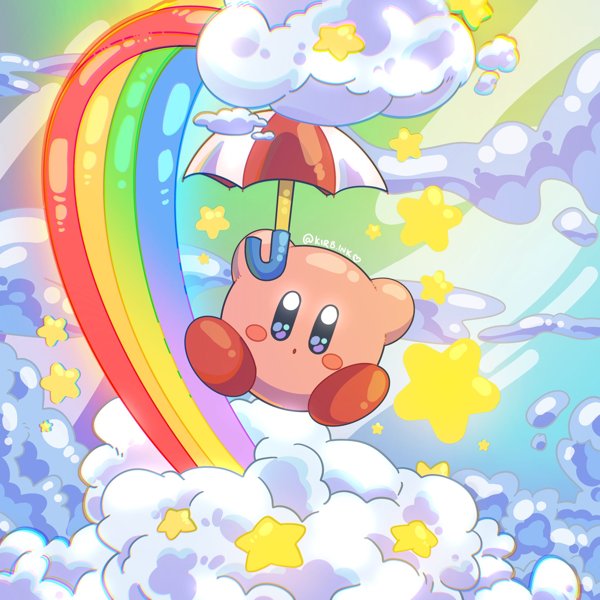 aimaay, kirby, kirby (series), nintendo, commentary, english commentary, highres, :o, cloud, holding, holding umbrella, rainbow, umbrella
