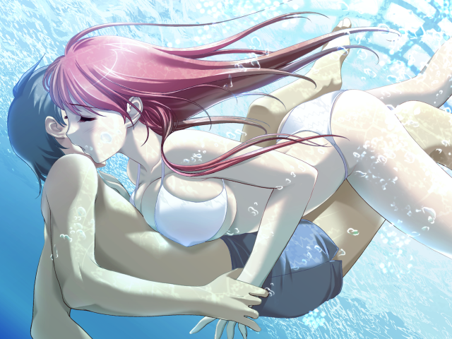 sano toshihide, aoi ren, shindou nikita, akibakei kanojo, game cg, 1boy, 1girl, bikini, breast press, breasts, couple, eyes closed, freediving, hetero, huge breasts, kiss, long hair, pink hair, pool, short hair, swimsuit, underboob, underwater