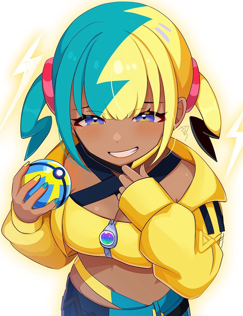 sakura ran, canari (pokemon), nintendo, pokemon, pokemon legends: z-a, 1girl, aqua hair, bandeau, black mask, black pants, blonde hair, blue nails, blue pants, blush, breasts, center-flap bangs, cleavage, criss-cross halter, crop top, grin, halterneck, holding, holding poke ball, jacket, looking at viewer, mask, mask pull, medium breasts, midriff, mouth mask, multicolored hair, navel, open mouth, pants, poke ball, quick ball, short twintails, smile, solo, split-color hair, teeth, twintails, two-tone hair, two-tone mask, yellow bandeau, yellow jacket, yellow mask, yellow nails