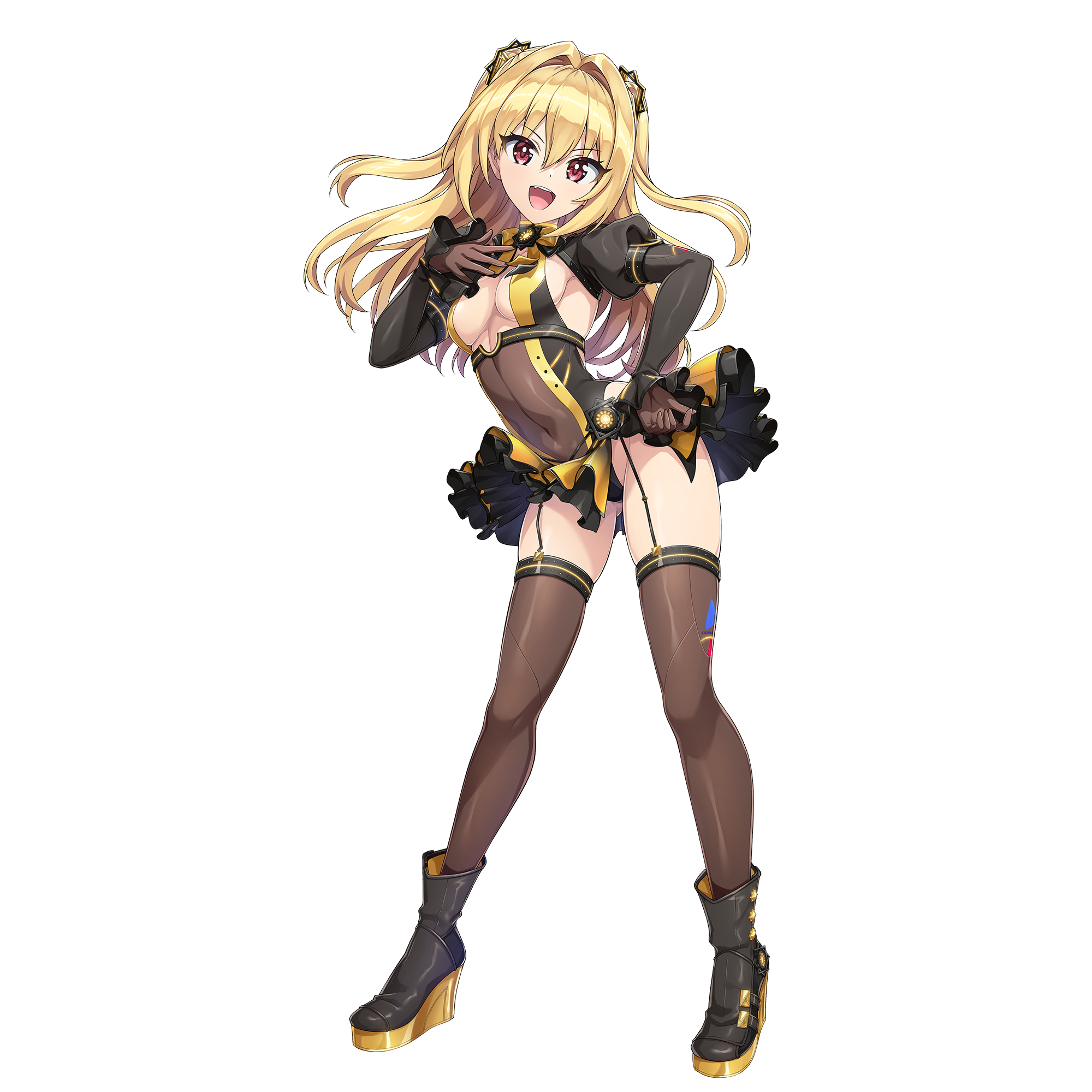 ootomo takuji, kazami ellen, dolphin wave, game cg, highres, non-web source, official art, 1girl, black thighhighs, blonde hair, breasts, cleavage, garter straps, gloves, hand on own chest, hand on own hip, highleg, highleg leotard, leotard, long hair, looking at viewer, official alternate costume, official alternate hairstyle, open mouth, platform heels, red eyes, see-through clothes, see-through leotard, skirt, small breasts, smile, solo, standing, thighhighs, transparent background, twintails, v-bangs