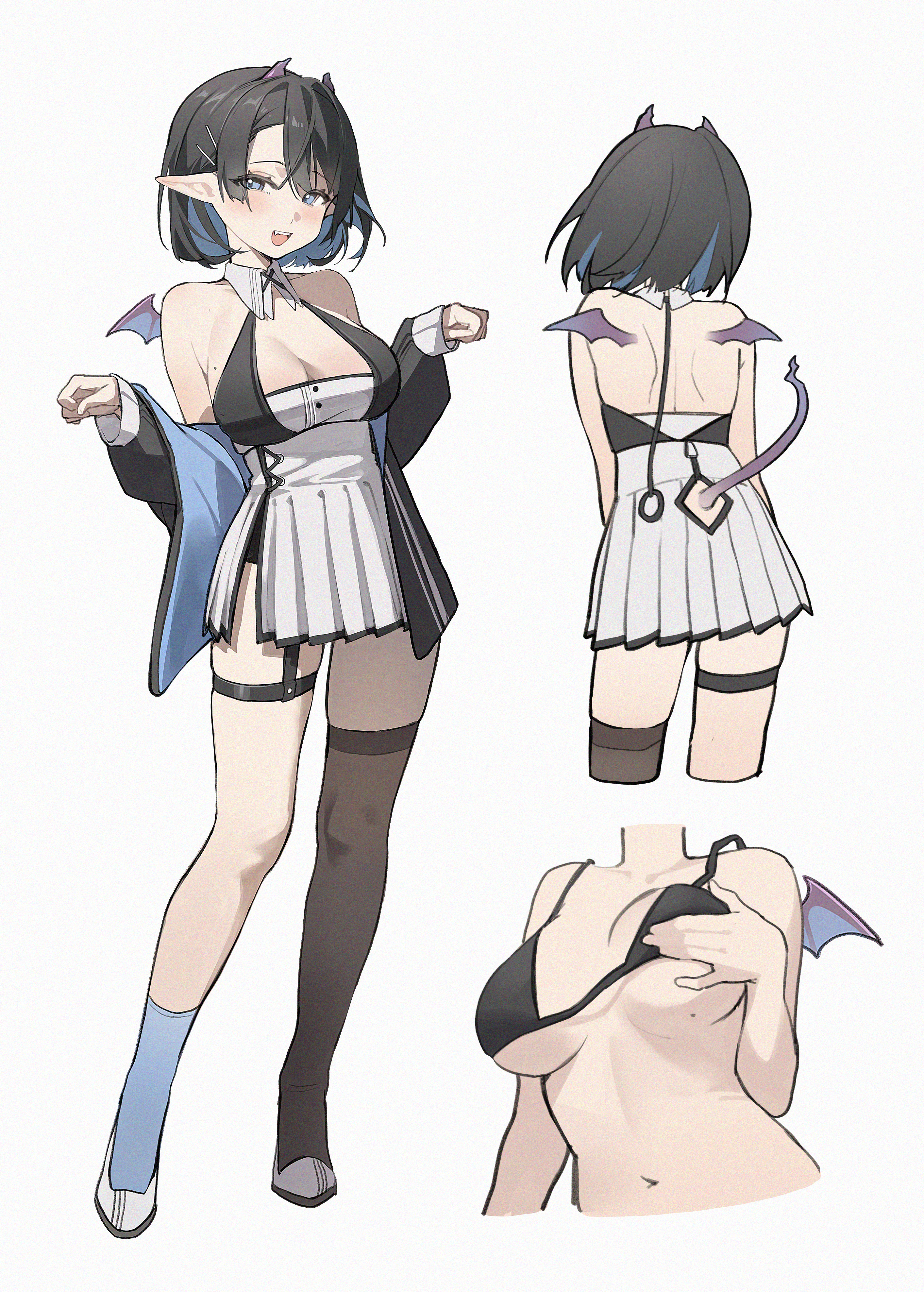 midori fufu, original, absurdres, chinese commentary, commentary request, highres, 1girl, :d, asymmetrical legwear, bare shoulders, black bra, black hair, black jacket, black thighhighs, blue eyes, blue hair, blue socks, bra, breasts, cleavage, clothing cutout, colored inner hair, cropped legs, crossed bangs, fang, full body, hair between eyes, hands up, horns, jacket, large breasts, light blush, long sleeves, mismatched legwear, mole, mole on breast, multicolored hair, multiple views, navel, off shoulder, open mouth, pleated skirt, pointy ears, purple horns, purple wings, shoes, simple background, single thighhigh, skirt, small horns, smile, socks, standing, stomach, tail, tail through clothes, teeth, thighhighs, underwear, upper teeth only, white background, white shoes, white skirt, wings