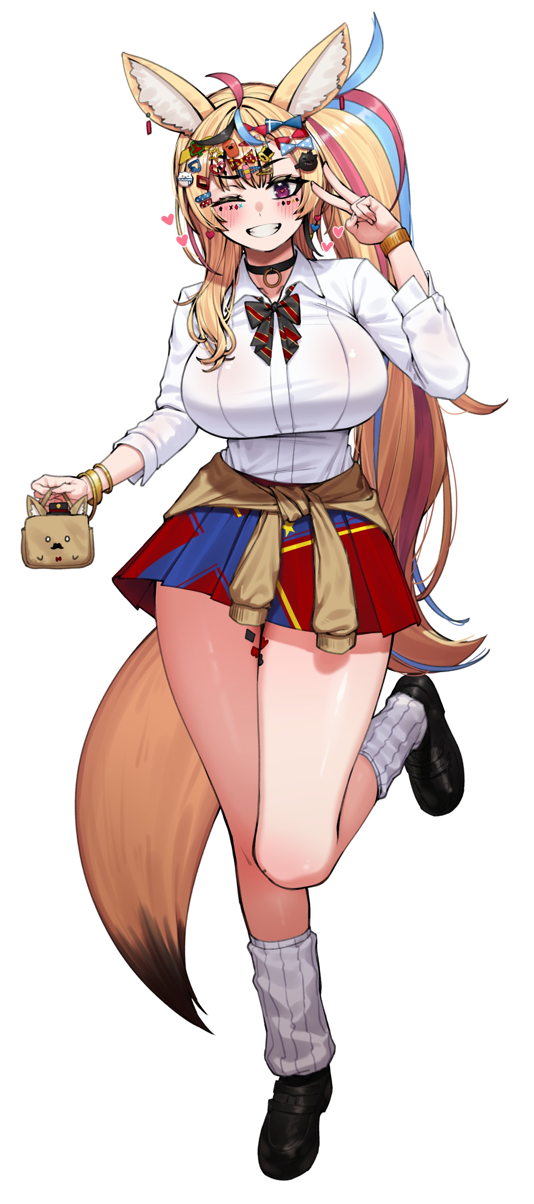 kourui, omaru polka, omaru polka (school uniform), hololive, absurdres, commentary, highres, 1girl, animal ear fluff, black choker, black shoes, blonde hair, blue hair, blue streaks, blush, bow, bowtie, breasts, choker, fox, fox girl, fox tail, full body, grin, gyaru, kogal, large breasts, leg tattoo, long hair, looking at viewer, loose socks, mark under both eyes, miniskirt, multicolored bow, multicolored bowtie, multicolored hair, multicolored skirt, official alternate costume, official alternate hairstyle, pink hair, pink streaks, pleated skirt, purple eyes, red skirt, shirt, shoes, side ponytail, skirt, smile, socks, solo, standing, standing on one leg, tail, tattoo, thighs, too many hair ornaments, v, very long hair, white shirt, white socks, yellow tail