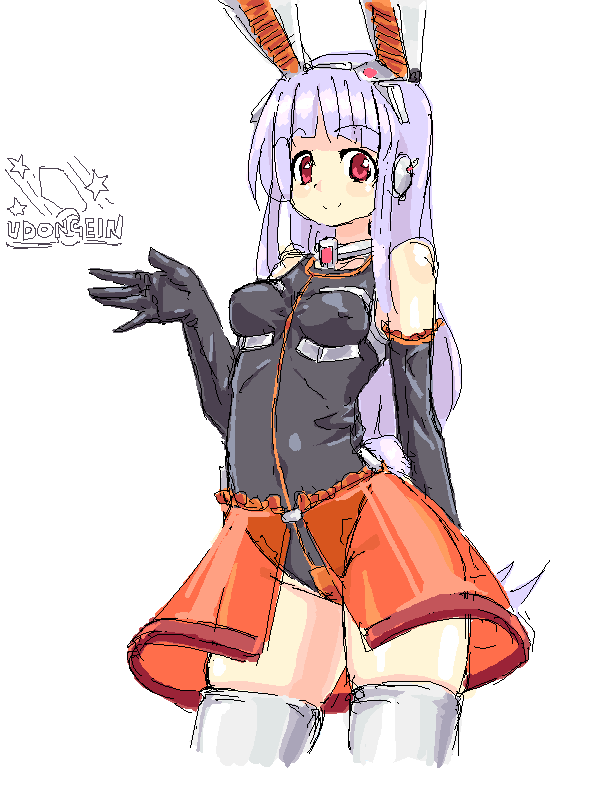 homura subaru, reisen udongein inaba, touhou, 1girl, animal ears, breasts, collar, covered erect nipples, elbow gloves, female focus, gloves, headphones, latex, latex gloves, leotard, oekaki, pink eyes, purple hair, rabbit ears, rabbit tail, simple background, skirt, small breasts, smile, solo, tail, thighhighs