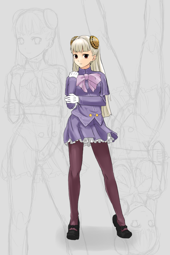 ashuku, ingrid (capcom), capcom, capcom fighting jam, bad id, bad pixiv id, 1girl, blonde hair, bun cover, double bun, female focus, gloves, hairpods, long hair, mary janes, pantyhose, red eyes, shoes, solo, white hair