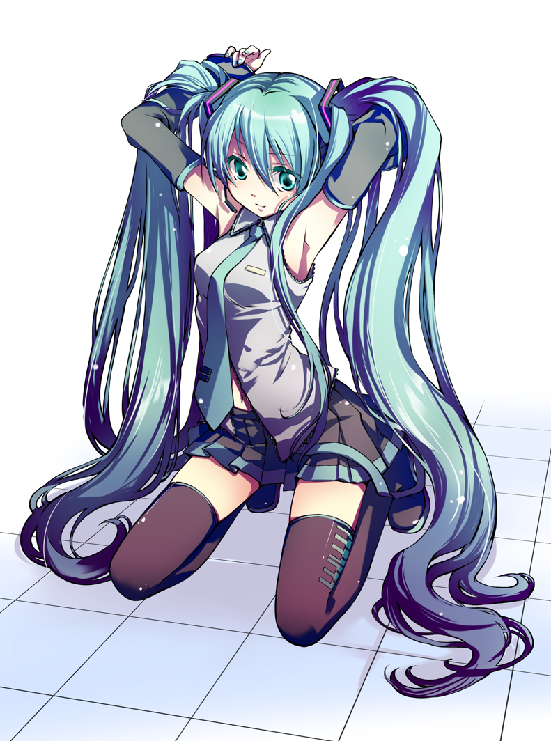 ginta, yomo, yomo (ym), hatsune miku, vocaloid, bad id, bad pixiv id, colorized, 1girl, aqua eyes, aqua hair, aqua nails, armpits, boots, detached sleeves, female focus, gradient hair, long hair, multicolored hair, nail polish, navel, necktie, perspective, solo, thighhighs, twintails, very long hair