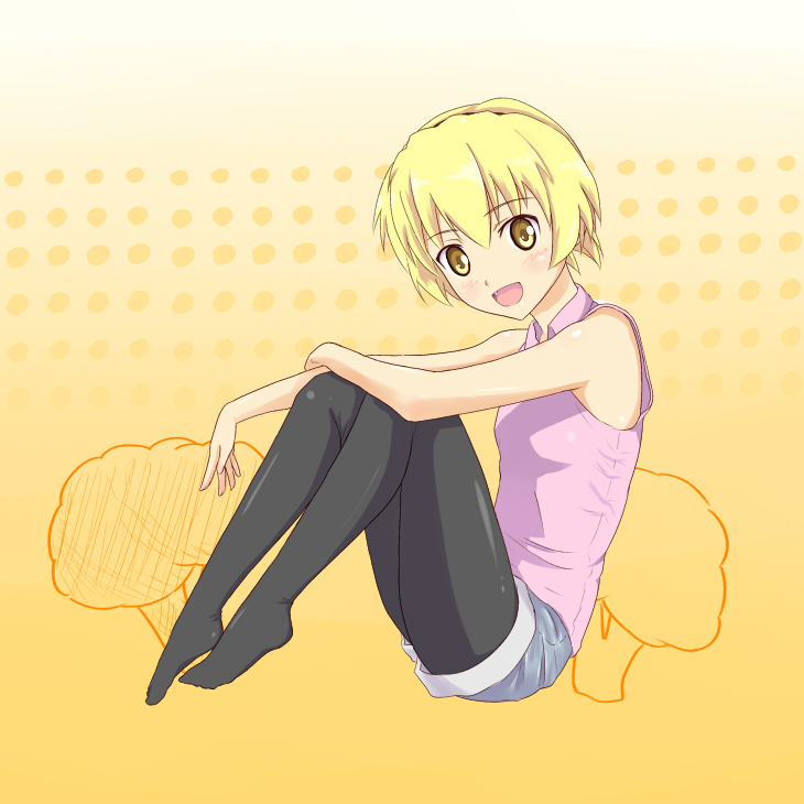 ashuku, houjou satoko, higurashi no naku koro ni, 00s, 1girl, blonde hair, feet, female focus, panties, pantyhose, pantyhose under shorts, shorts, sleeveless, solo, underwear, yellow eyes