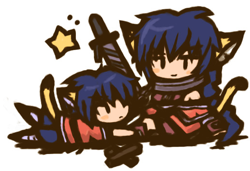 kiru (artist), karulau, utawarerumono, 00s, 2girls, animal ears, blue hair, chibi, collar, dual persona, multiple girls, simple background, tail