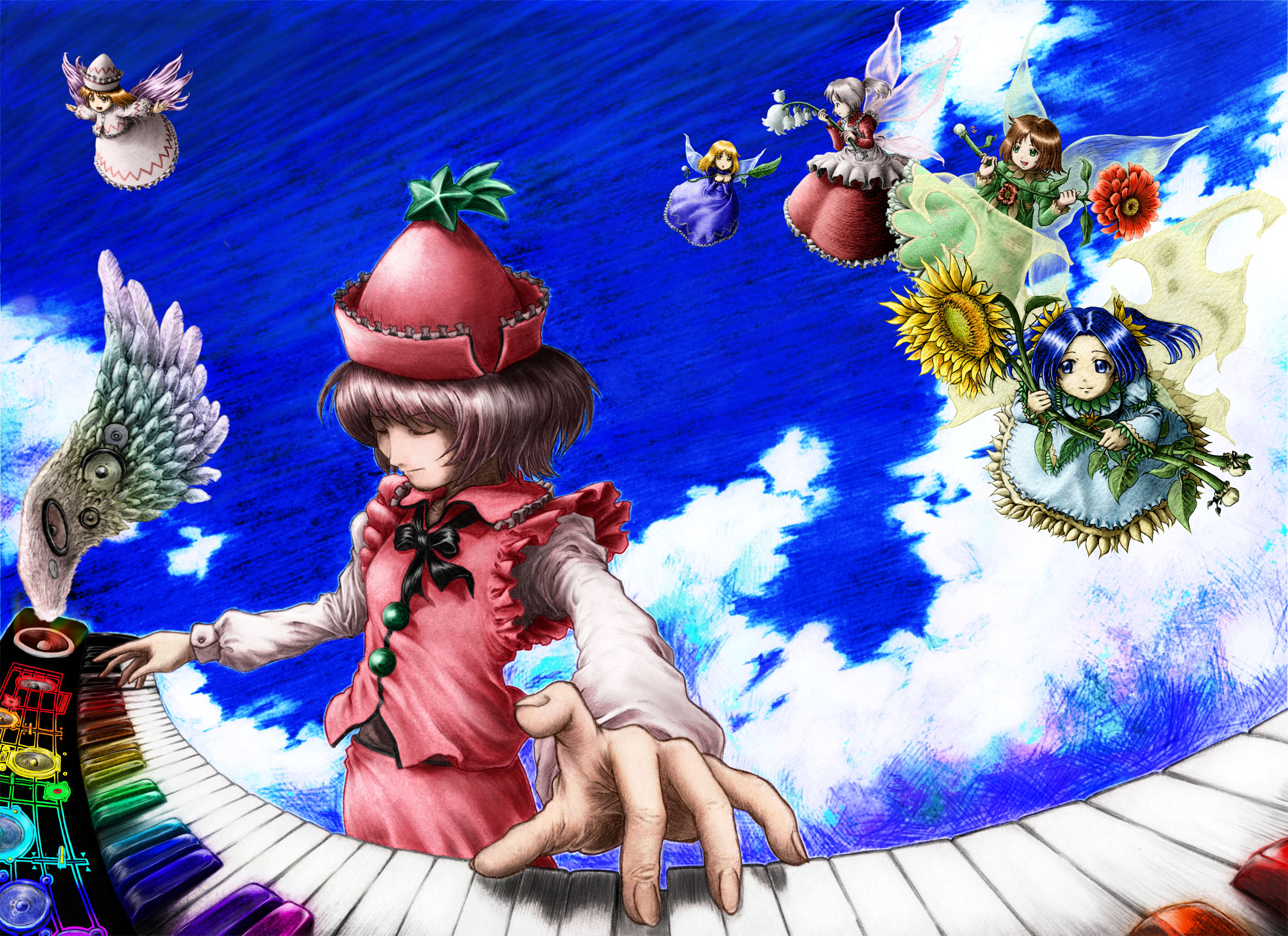 tanaka kusao, lily white, lyrica prismriver, sunflower fairy (touhou), touhou, highres, 3girls, closed eyes, cloud, day, fairy, female focus, flower, instrument, keyboard, keyboard (instrument), multiple girls, outdoors, sky, synthesizer