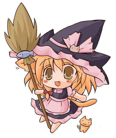 kiru (artist), kirisame marisa, touhou, lowres, 1girl, animal ears, barefoot, broom, cat, chibi, female focus, fish, full body, hat, simple background, solo, tail, witch, witch hat, yellow eyes