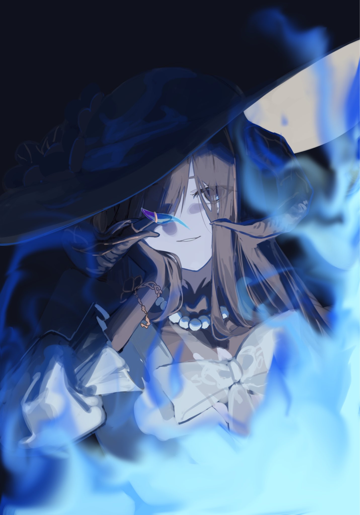 constance (honkai: star rail), honkai: star rail, honkai (series), commentary, hashtag-only commentary, highres, 1girl, akaguchi 35, bead necklace, beads, black background, black hair, blue fire, bow, claws, fire, frills, gloves, hair over one eye, hat, horns, jewelry, light smile, long hair, necklace, puffy sleeves