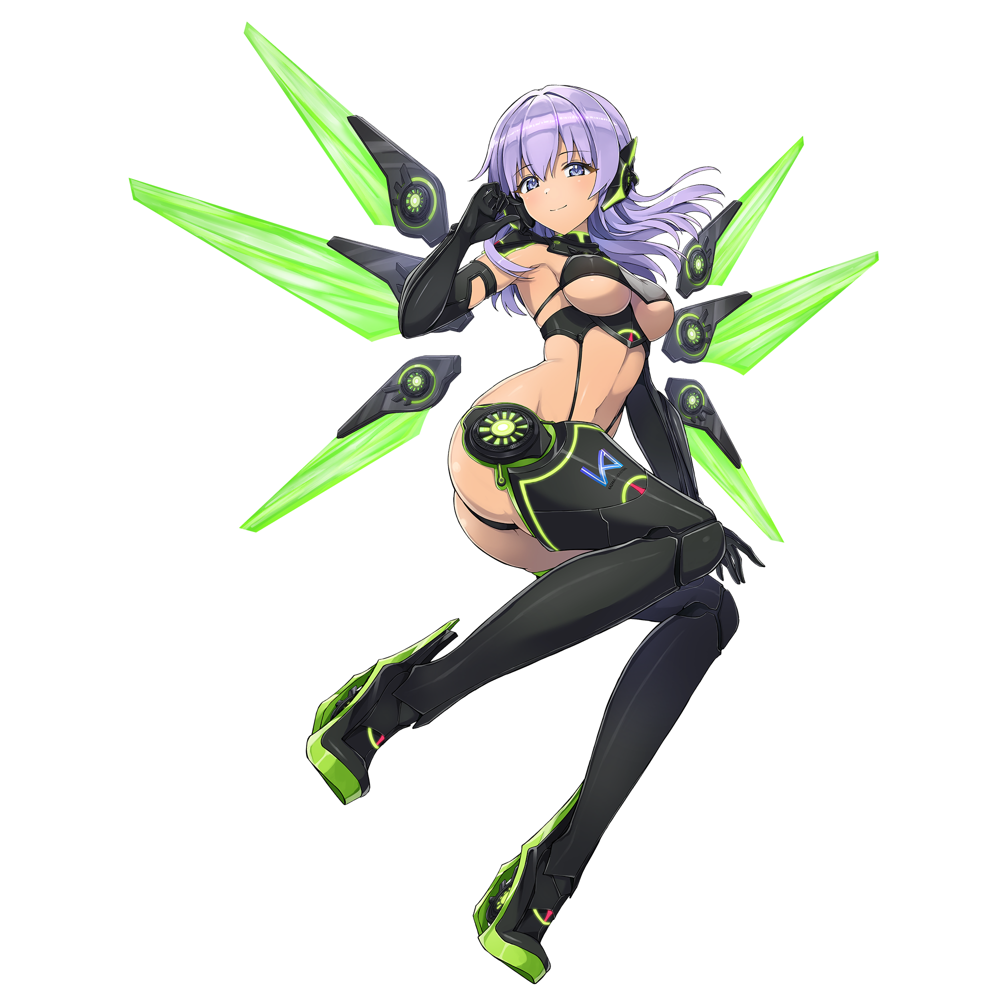 ootomo takuji, souma hayate, dolphin wave, game cg, highres, non-web source, official art, 1girl, bikini, black bikini, black gloves, blue eyes, boots, breasts, cleavage, closed mouth, dark-skinned female, dark skin, elbow gloves, gloves, glowing, glowing wings, high heel boots, high heels, long hair, looking at viewer, mecha, mecha musume, mechanical wings, navel, official alternate costume, purple hair, robot, small breasts, smile, solo, spread wings, swimsuit, thigh boots, transparent background, underboob, wings