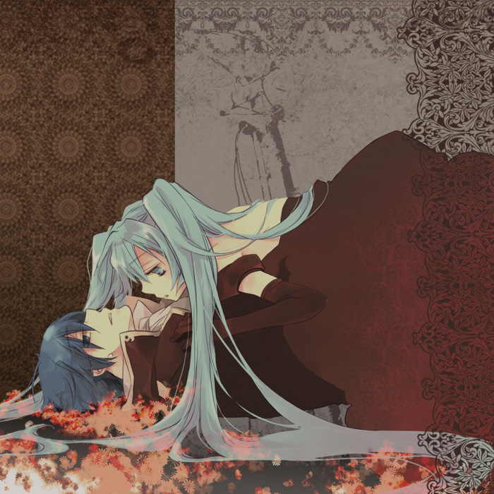 dr*, jonejung, hatsune miku, kaito (vocaloid), cantarella, cantarella (vocaloid), vocaloid, bad id, bad pixiv id, 1boy, 1girl, blue eyes, blue hair, elbow gloves, gloves, green eyes, green hair, long hair