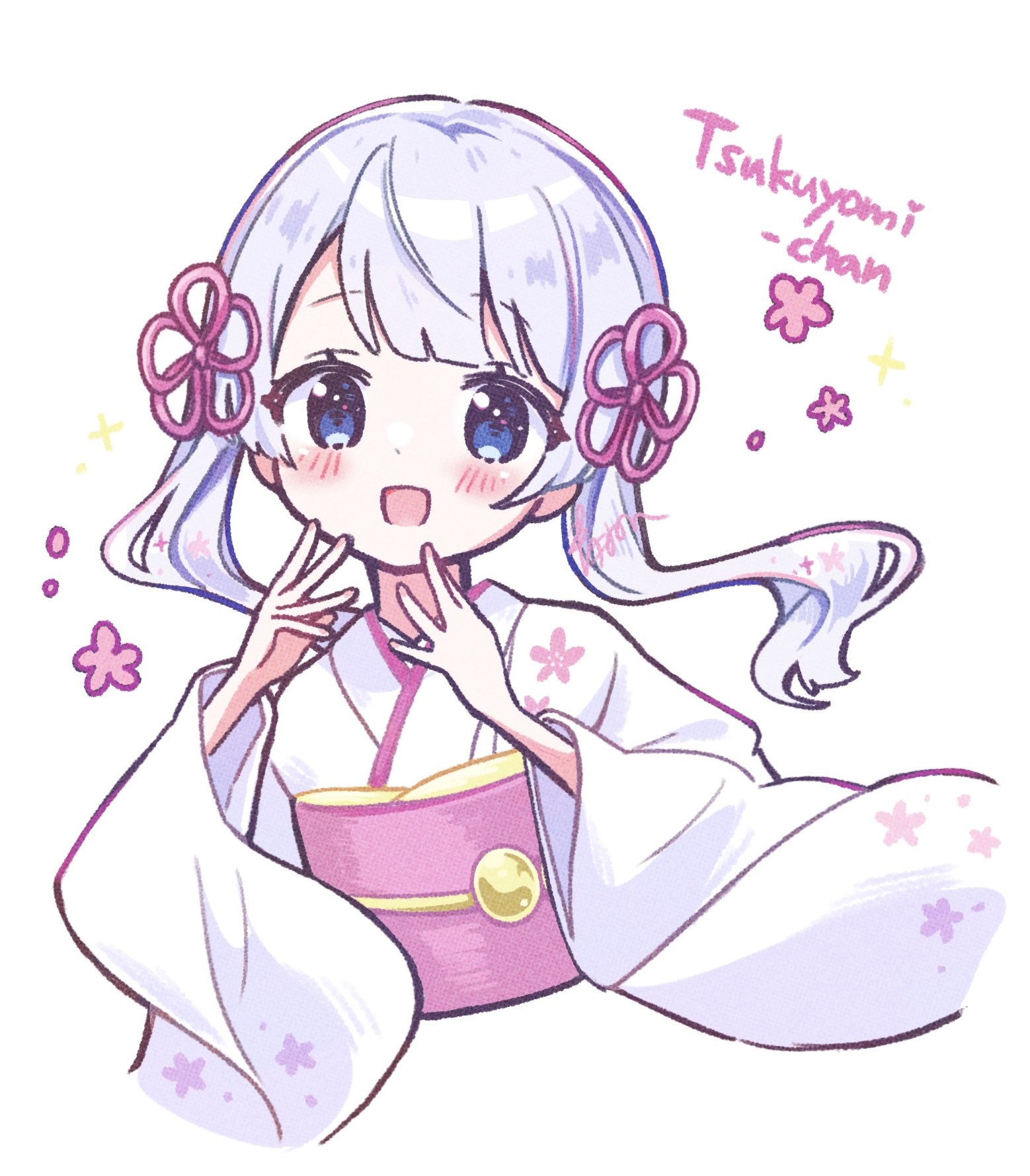 aoiyui, coeiroink, commentary, highres, 1girl, :d, blue eyes, blunt bangs, blush, character name, cherry blossom print, cropped torso, floating hair, floral print, floral print kimono, grey hair, hair ornament, hands up, japanese clothes, kimono, looking at viewer, obi, obiage, obidome, obijime, open mouth, print kimono, sash, simple background, smile, solo, swept bangs, tsukuyomi-chan, twintails, white background, white kimono, wide sleeves
