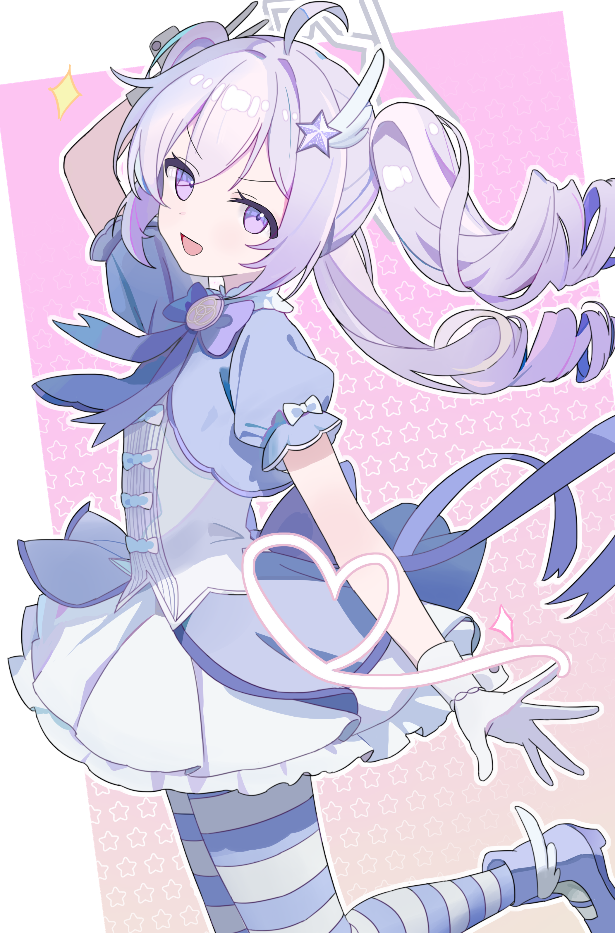 ankry, reisa (blue archive), reisa (magical) (blue archive), blue archive, absurdres, chinese commentary, commentary request, highres, 1girl, :d, boots, drill hair, gloves, grey halo, hair ornament, halo, long hair, magical girl, official alternate costume, open mouth, pantyhose, puffy short sleeves, puffy sleeves, purple boots, purple eyes, purple hair, purple pantyhose, short sleeves, smile, solo, star (symbol), star hair ornament, star halo, striped clothes, striped pantyhose, twin drills, twintails, white gloves, wing hair ornament