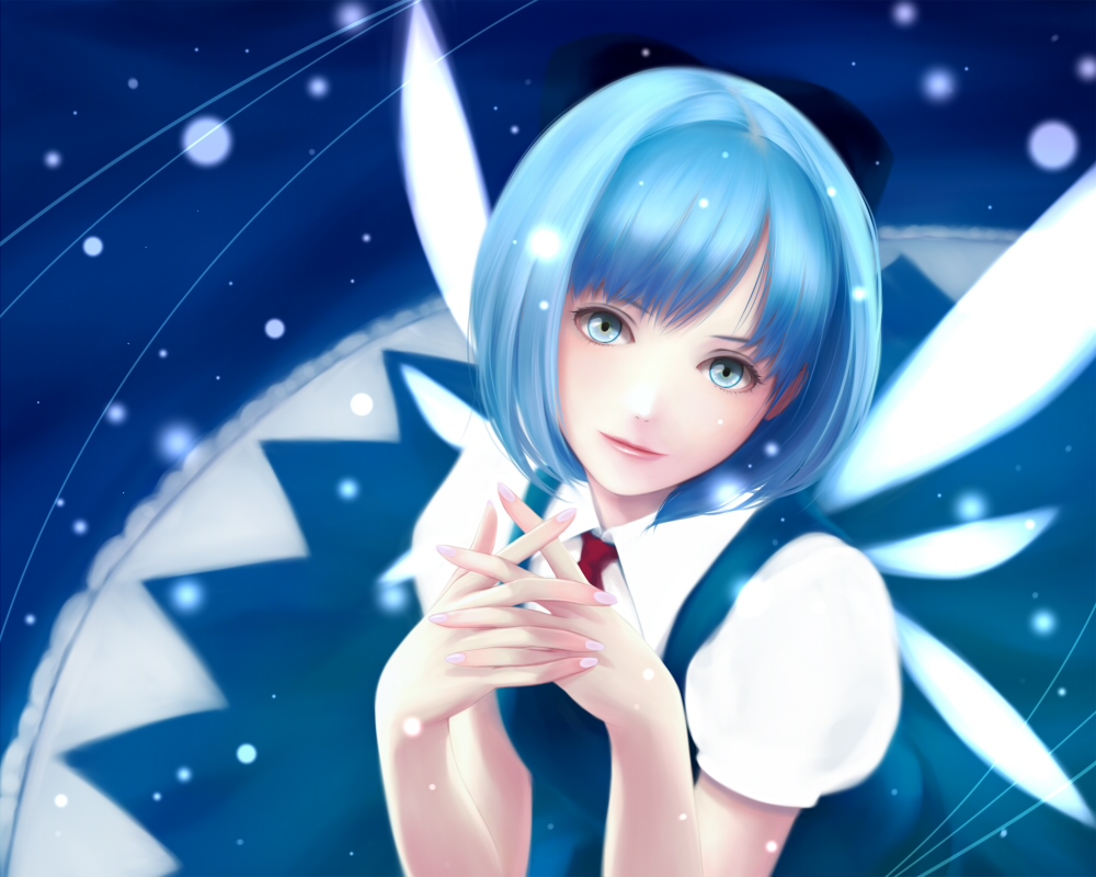 yori, yori (shitsuon), cirno, embodiment of scarlet devil, touhou, 1girl, blue eyes, blue hair, female focus, matching hair/eyes, snow, solo, wings