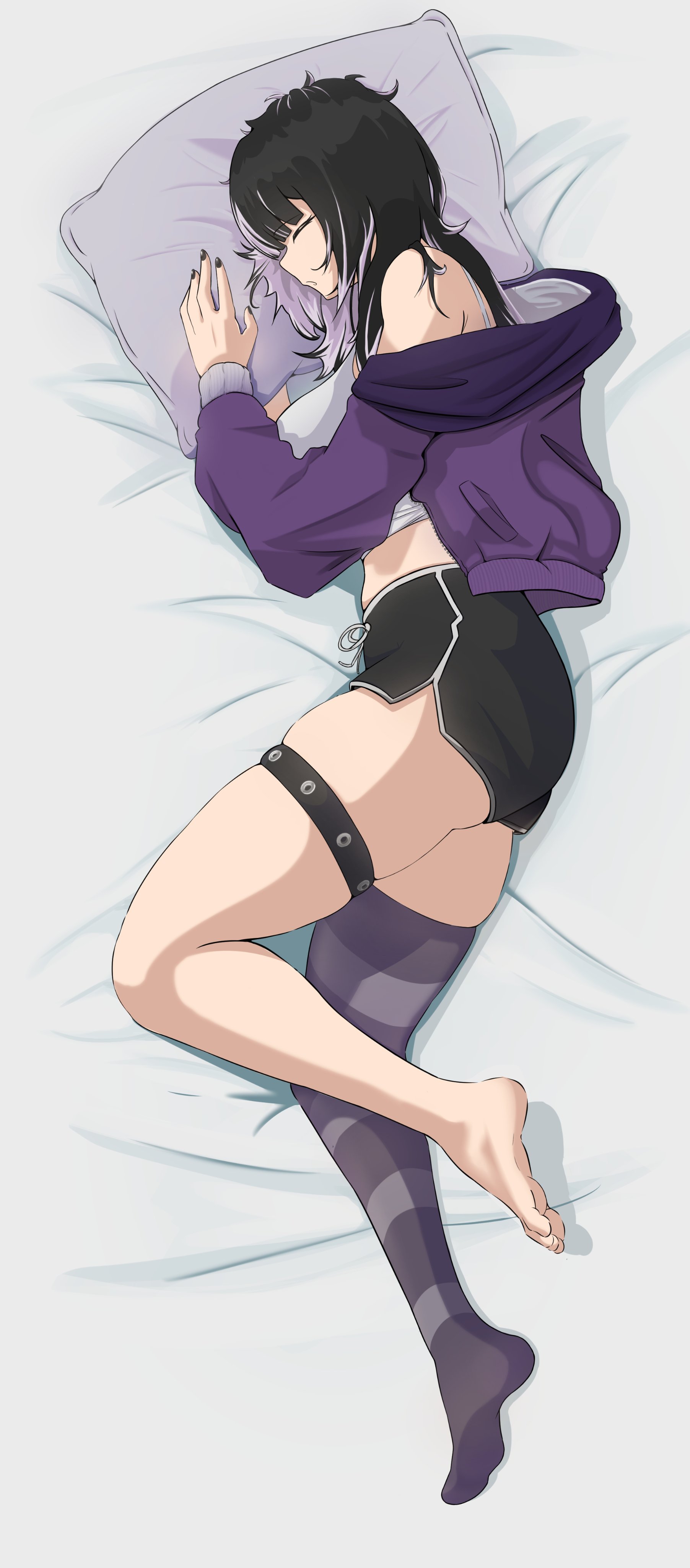 sababa (sabababo12), shiori novella, hololive, hololive english, absurdres, highres, 1girl, alternate costume, black hair, black nails, black shorts, camisole, feet, grey hair, jacket, long hair, lying, multicolored hair, pillow, purple jacket, shirt, shorts, single thighhigh, sleeping, solo, split-color hair, streaked hair, striped clothes, striped thighhighs, thigh strap, thighhighs, thighs, two-tone hair, virtual youtuber, white camisole, white shirt