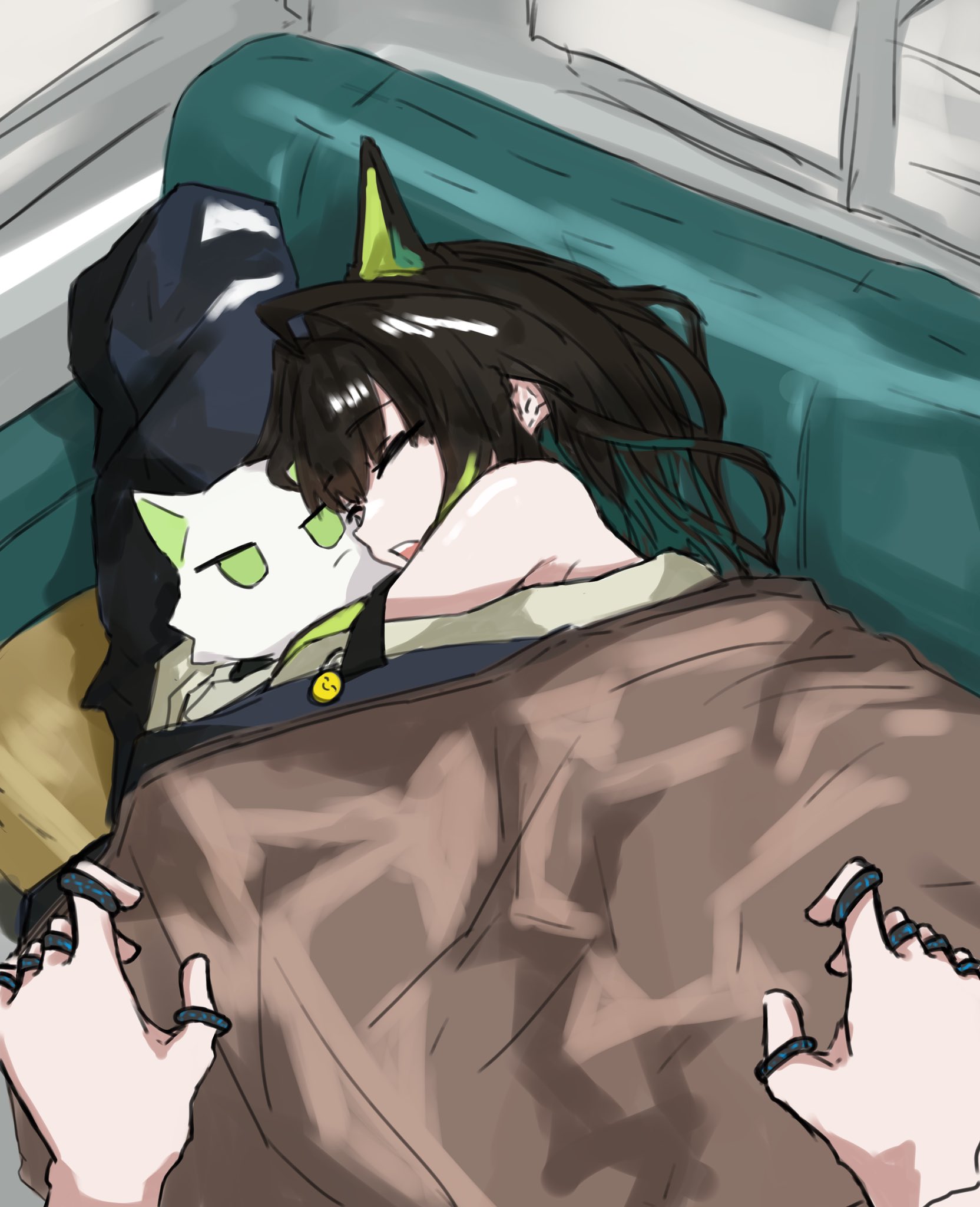 amiya (arknights), kal'tsit (arknights), mon3tr (arknights), arknights, commentary, highres, 3girls, ahoge, animal ears, animalization, bare shoulders, black hair, blanket, cat ears, closed eyes, couch, fake animal ears, green eyes, hug, imminent grope, indoors, jewelry, multiple girls, multiple rings, nero san1177, open mouth, pov, pov hands, ring, sleeping, teeth, thumb ring, under covers, upper teeth only
