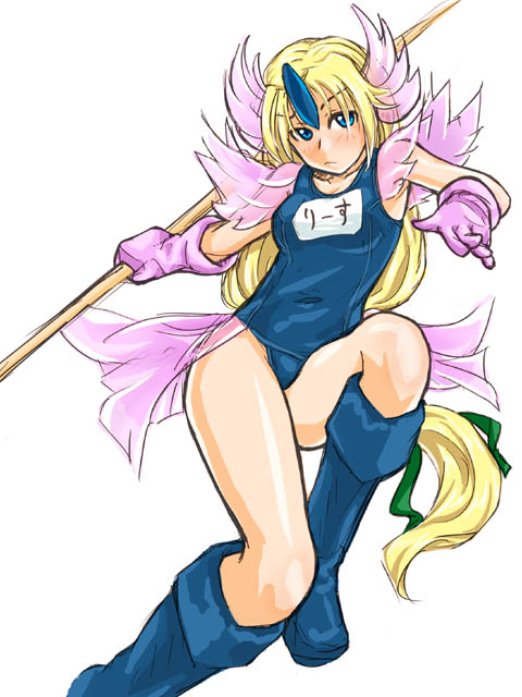 riesz, star lancer, seiken densetsu, seiken densetsu 3, blue footwear, translated, 1girl, blonde hair, blue eyes, blush, boots, bow, gloves, hair bow, head wings, helmet, knee boots, long hair, low-tied long hair, one-piece swimsuit, polearm, ribbon, school swimsuit, swimsuit, swimsuit costume, text focus, very long hair, weapon, winged helmet, wings