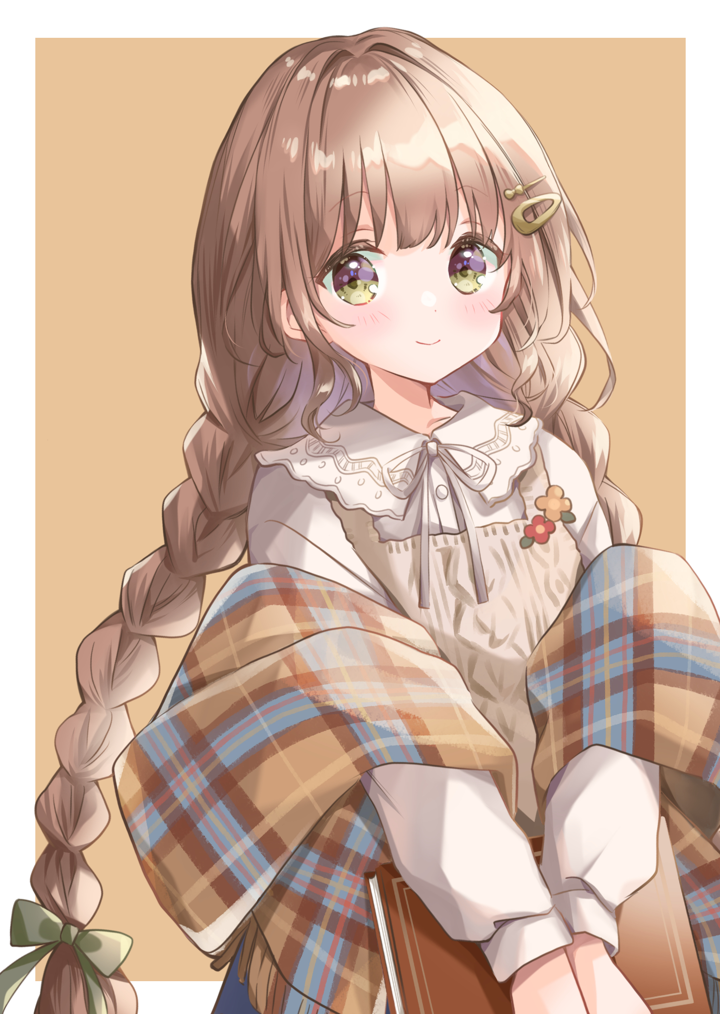hoshiibara mato, original, highres, 1girl, blush, braid, brown hair, green eyes, hair ornament, hairclip, long hair, looking at viewer, shawl, smile, solo, twin braids, upper body