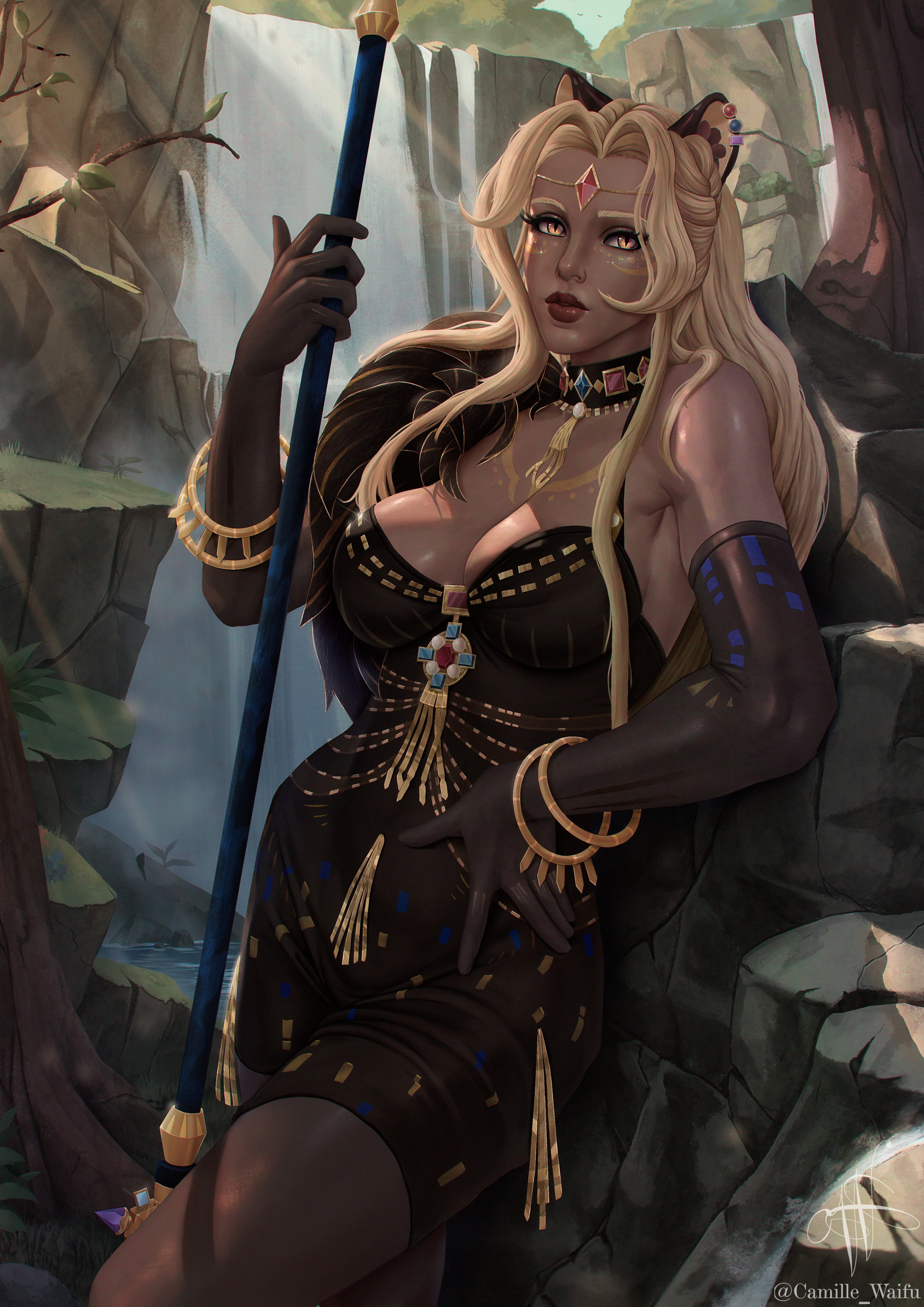 camille waifu, antandra (afk), afk (series), afk journey, absurdres, highres, 1girl, animal ears, armlet, artist name, black dress, black gloves, blonde hair, bracelet, breasts, cleavage, curvy, dress, forest, gem, gloves, holding, holding polearm, holding weapon, jewelry, lips, long hair, looking at viewer, makeup, medium breasts, nature, night, outdoors, pantyhose, parted bangs, parted lips, polearm, realistic, rock, signature, standing, thighhighs, thighs, twilight, twitter username, water, waterfall, watermark, weapon, white hair, yellow eyes