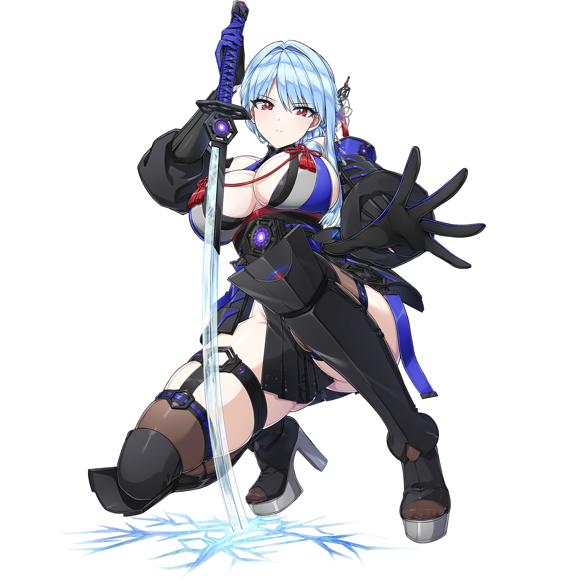 ootomo takuji, nayuki hiori, dolphin wave, game cg, highres, non-web source, official art, 1girl, armor, blue hair, boots, breasts, cleavage, gloves, hair bun, hair ornament, japanese armor, katana, large breasts, light frown, loincloth, long hair, looking at viewer, official alternate costume, official alternate hairstyle, planted, planted sword, planted weapon, platform heels, red eyes, single sidelock, solo, sword, thigh boots, transparent background, weapon