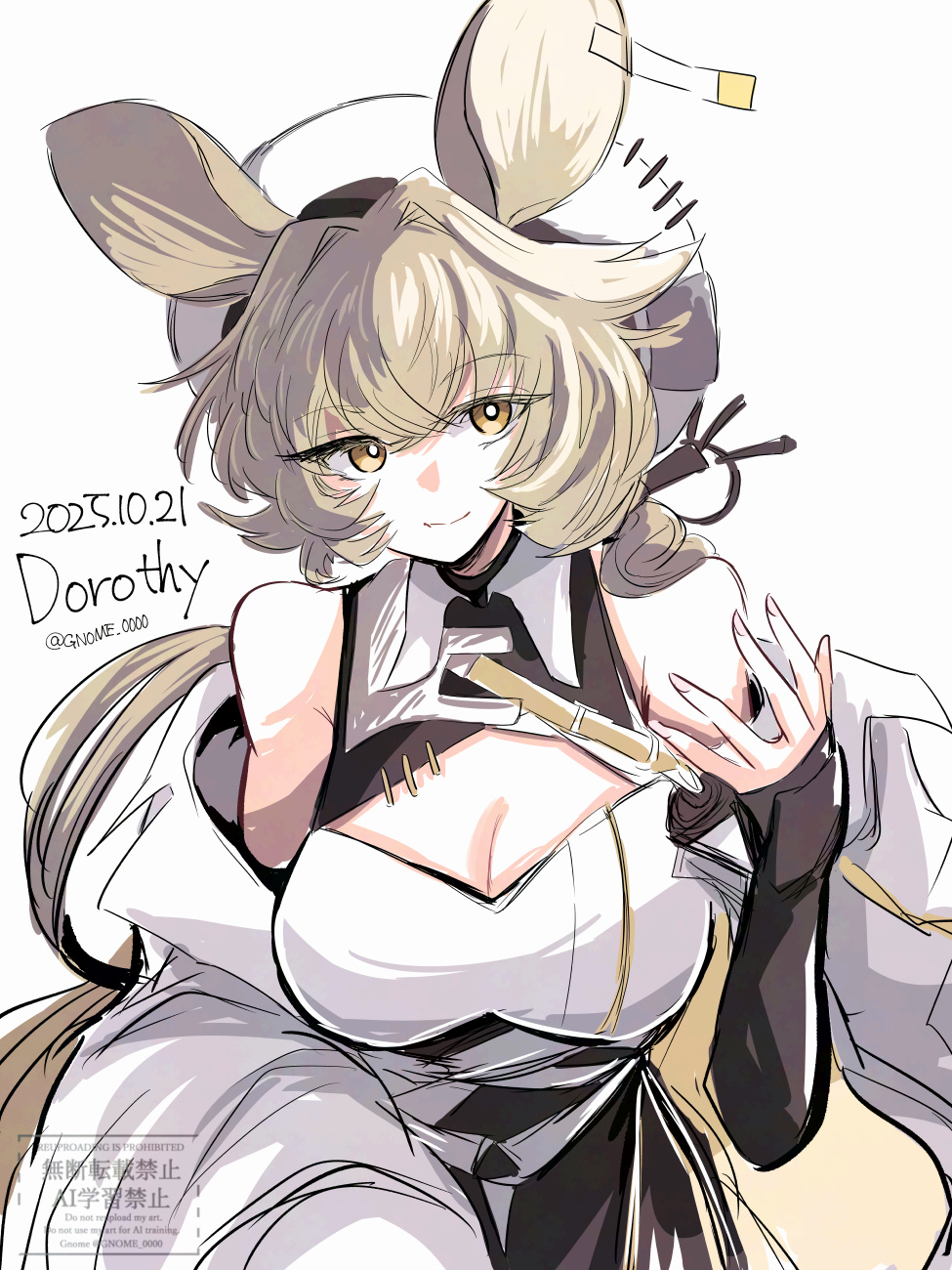 gnome (gnome 0000), dorothy (arknights), arknights, commentary request, highres, 1girl, animal ears, bare shoulders, beret, blonde hair, breasts, brown hair, character name, cleavage, coat, dated, detached sleeves, dress, hat, large breasts, long hair, mouse ears, mouse girl, simple background, smile, solo, very long hair, white background, white coat, white dress, yellow eyes