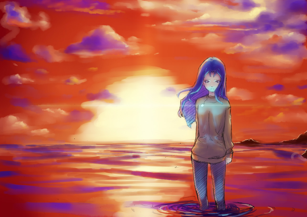 amazawa kazumi, lala-ru, ima soko ni iru boku, 1girl, blue eyes, blue hair, expressionless, female focus, jewelry, long hair, looking down, matching hair/eyes, ocean, pantyhose, pendant, solo, sunset, wading