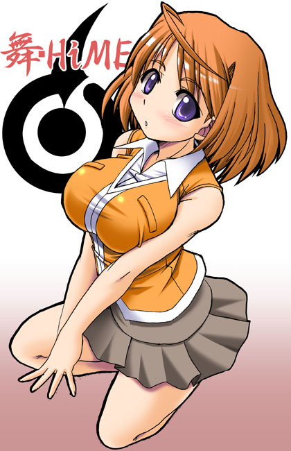 tonpuu, tokiha mai, my-hime, 00s, 1girl, ahoge, breasts, female focus, gradient background, kneeling, large breasts, orange shirt, shirt, solo