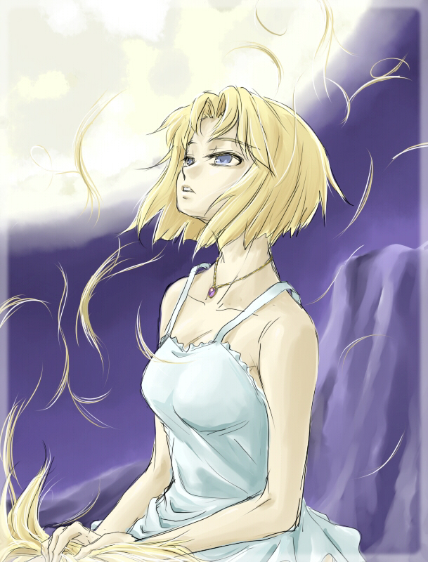 ezu, sara ringwalt, ima soko ni iru boku, 1girl, blonde hair, blue eyes, cutting hair, dress, female focus, moon, short hair, solo