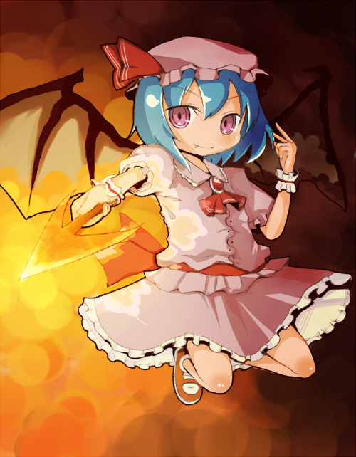 yatani row, remilia scarlet, touhou, bad id, bad pixiv id, 1girl, bat wings, blue hair, female focus, full body, gradient background, hat, red eyes, short hair, skirt, solo, wings