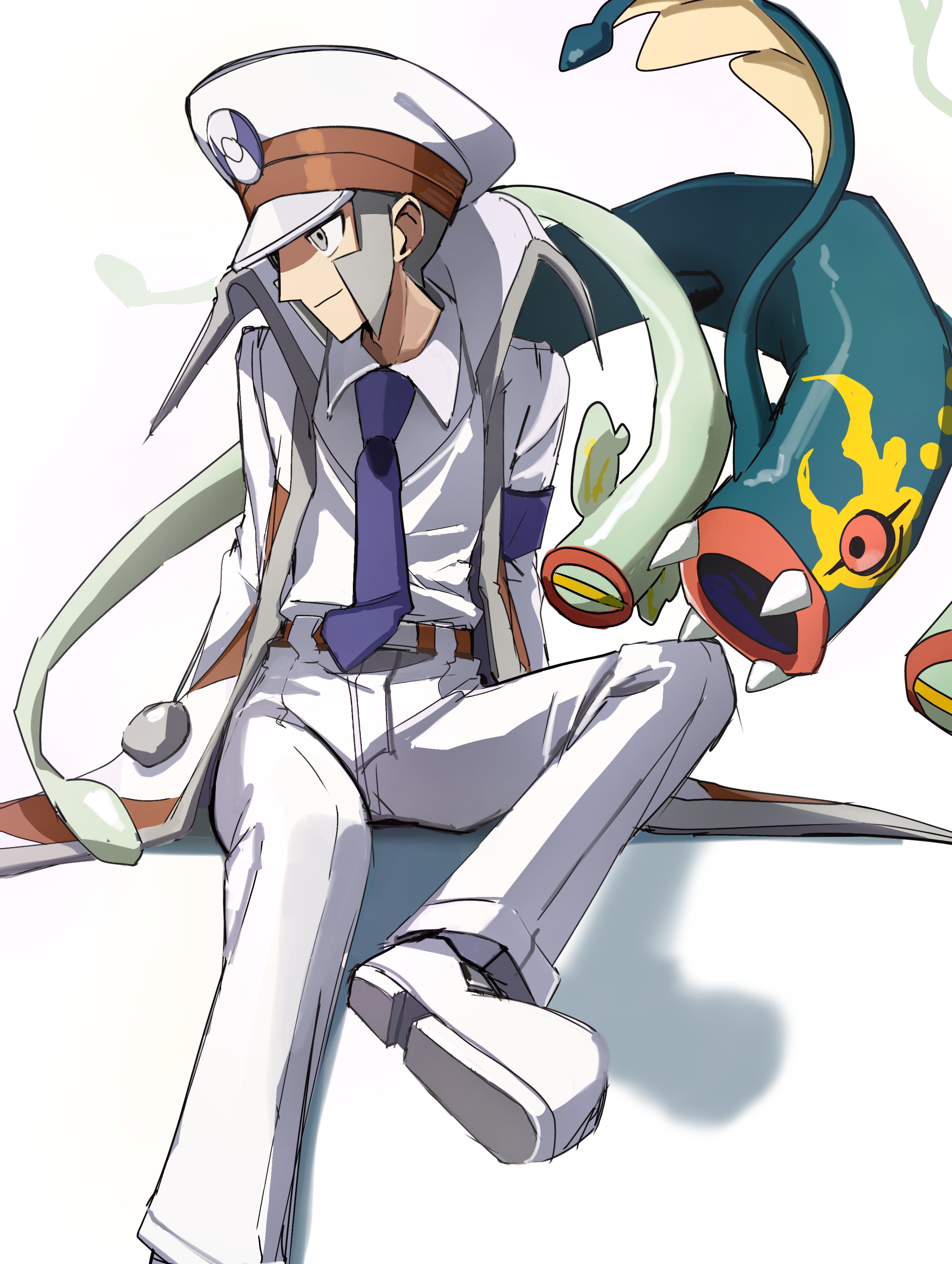 kairi0w0, eelektross, emmet (pokemon), mega eelektross, nintendo, pokemon, pokemon bw, absurdres, highres, 1boy, blue necktie, blue skin, coat, collared shirt, colored sclera, colored skin, eel, fangs, fish, gen 5 pokemon, gloves, grey eyes, grey hair, hat, lamprey, long tail, mega pokemon, multicolored skin, necktie, peaked cap, pokemon (creature), red sclera, shirt, short hair, sidelocks, striped coat, tail, two-tone skin, white coat, white gloves, white hat, white shirt, white skin