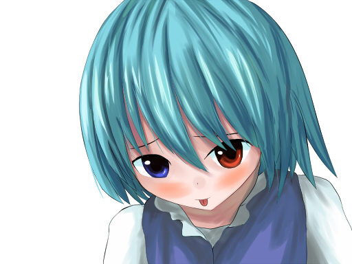 you (pixiv249955), you (shimizu), tatara kogasa, touhou, bad id, bad pixiv id, 1girl, :p, blue eyes, blue hair, blush, female focus, heterochromia, red eyes, short hair, simple background, solo, tongue, tongue out, white background