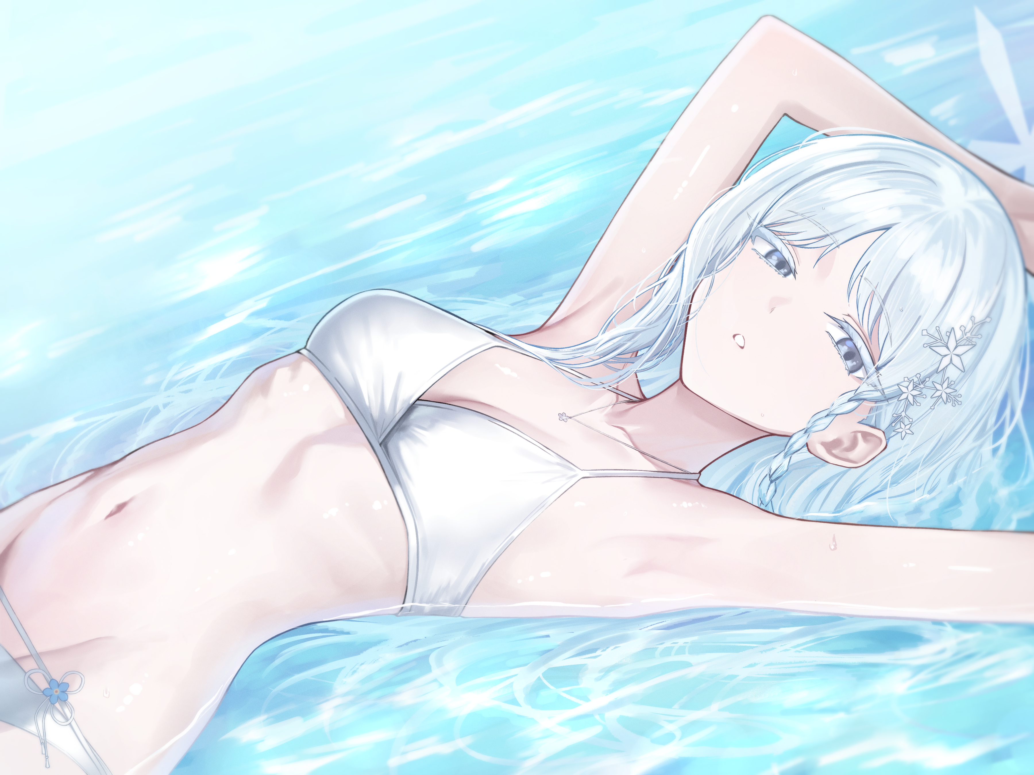 aoi riko, nagusa (blue archive), nagusa (swimsuit) (blue archive), blue archive, absurdres, commission, highres, pixiv commission, 1girl, arm up, armpits, arms up, bare arms, bare shoulders, bikini, braid, breasts, cleavage, collarbone, flower, hair flower, hair ornament, halterneck, jewelry, long hair, looking at viewer, lying, medium breasts, navel, official alternate costume, on back, outdoors, parted lips, partially submerged, ribbon, solo, stomach, swimsuit, upper body, very long hair, water, wet, white bikini