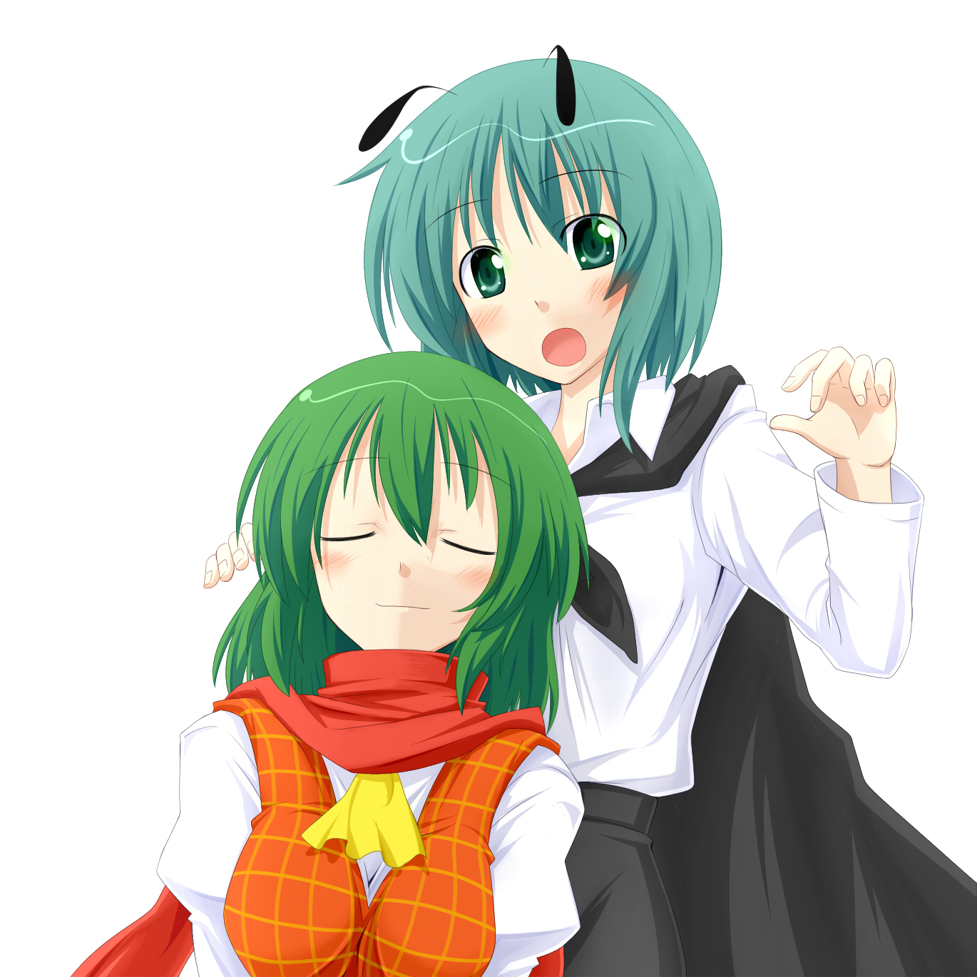 batsu, kazami yuuka, wriggle nightbug, touhou, highres, 2girls, antennae, ascot, blush, blush stickers, breasts, cape, closed eyes, female focus, green eyes, green hair, medium breasts, multiple girls, open mouth, plaid clothes, plaid vest, scarf, simple background, sleeping, smile, v arms, vest, white background