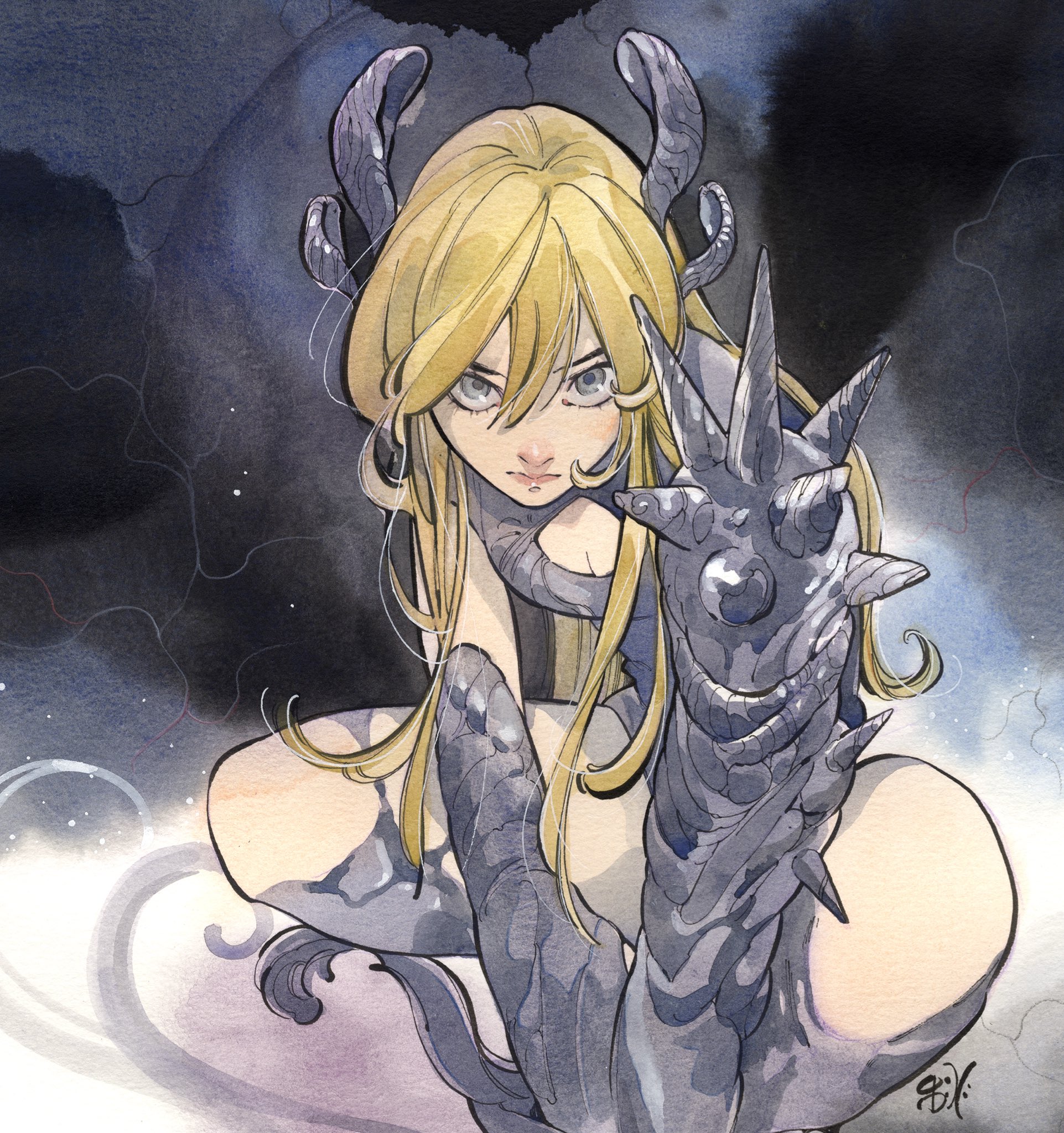 peach momoko, magik (x-men), marvel, marvel rivals, x-men, highres, 1girl, armor, blonde hair, blue eyes, breasts, cleavage, clothing cutout, crop top, horns, long hair, looking at viewer, solo, spikes