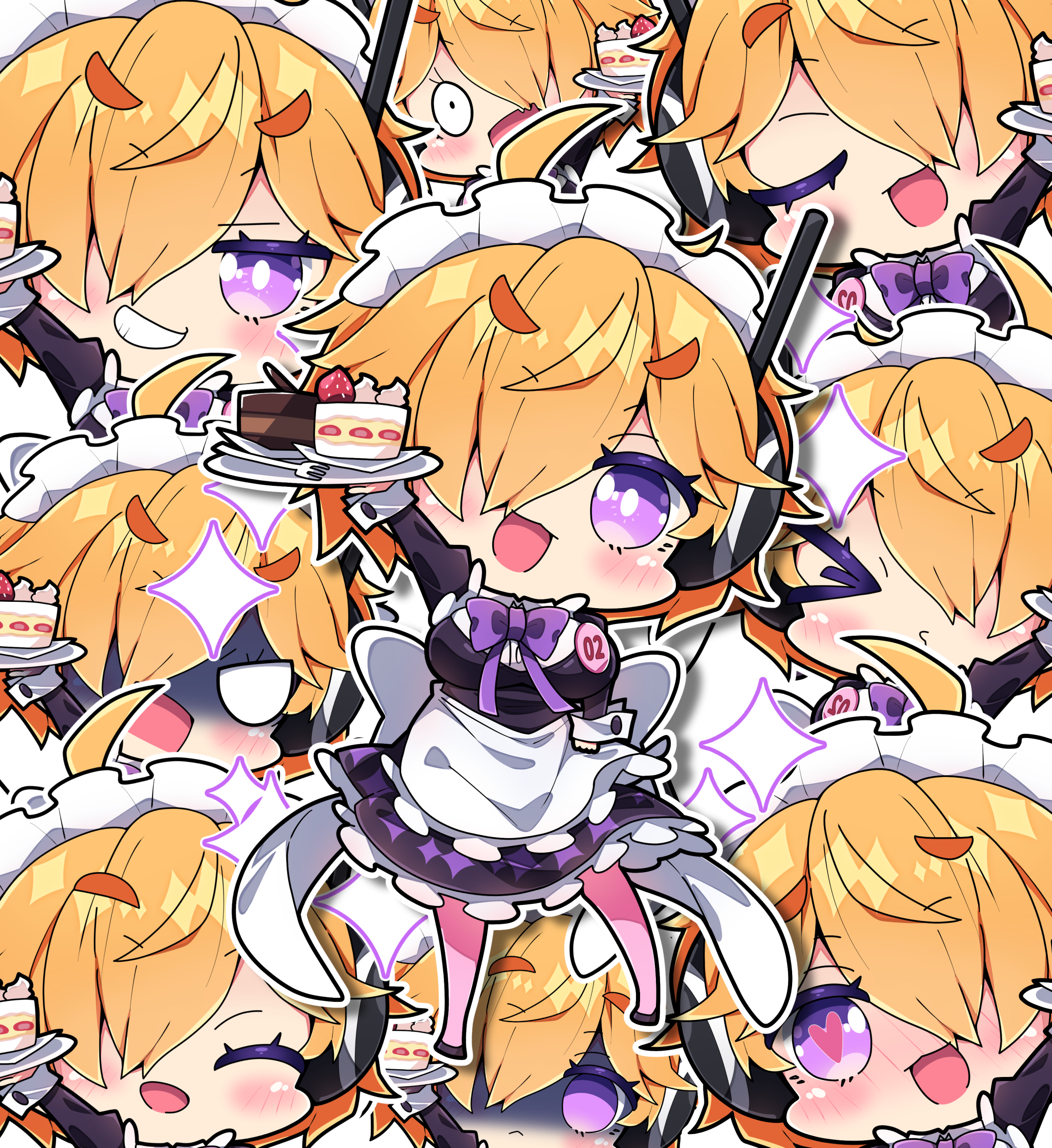 milkpanda, vegapunk lilith, one piece, absurdres, commentary, highres, > <, 1girl, :<, :3, :d, ^ ^, ahoge, alternate costume, apron, arm up, black dress, black shoes, blush, bow, bowtie, breasts, bright pupils, brown hair, cake, cake slice, chibi, chibi only, chocolate cake, closed eyes, closed mouth, dress, drop shadow, enmaided, food, fork, formal clothes, frilled apron, frilled dress, frills, fruit, full body, grin, hair over one eye, heart, heart-shaped pupils, holding, holding plate, holding tray, juliet sleeves, large breasts, long sleeves, looking at viewer, maid, maid headdress, multiple views, o3o, open mouth, orange hair, outline, pantyhose, pink pantyhose, plate, puffy sleeves, purple bow, purple bowtie, purple eyes, shoes, short eyebrows, short hair, smile, sparkle, standing, strawberry, symbol-shaped pupils, thick eyebrows, tray, turn pale, v-shaped eyes, white apron, white outline, white pupils
