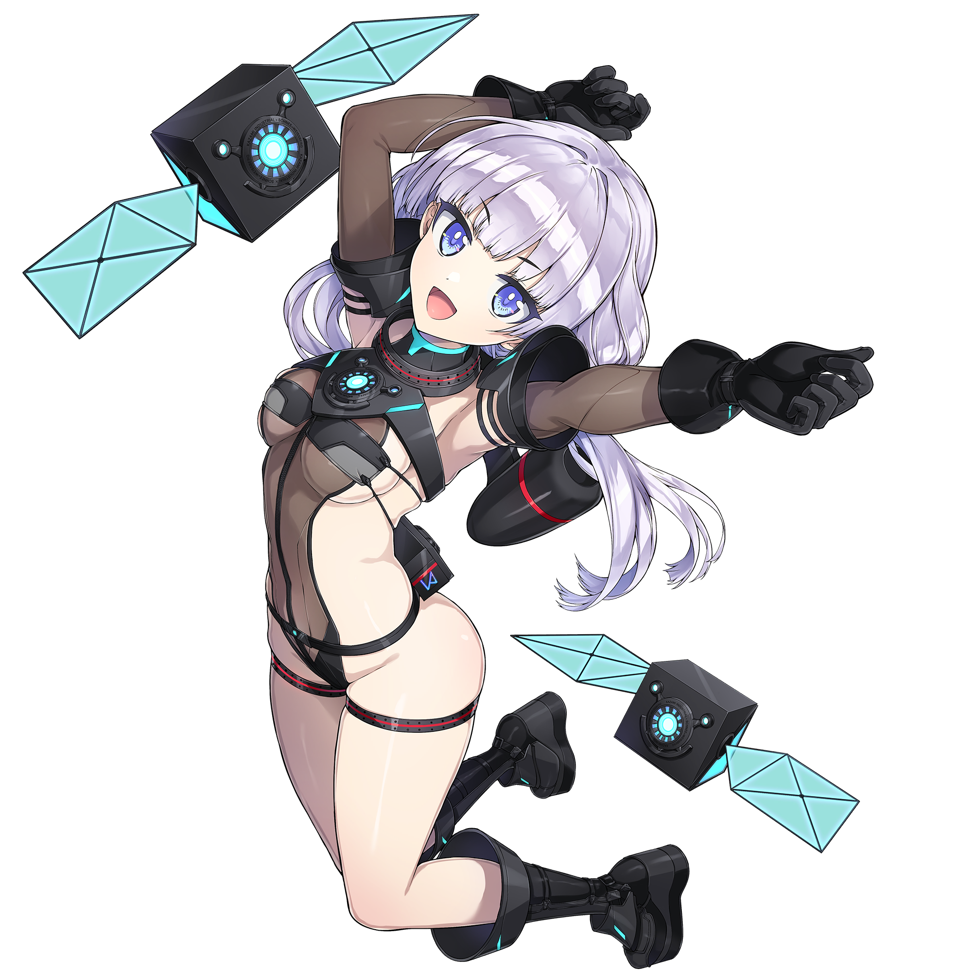 ootomo takuji, schnee weissberg, dolphin wave, game cg, highres, non-web source, official art, 1girl, :d, arms up, black gloves, black leotard, black wetsuit, blue eyes, blunt bangs, boots, breasts, camera, cleavage, elbow gloves, floating, floating object, from side, full body, gloves, highleg, jumping, leotard, long hair, looking at viewer, low twintails, midair, official alternate costume, official alternate hairstyle, open mouth, outstretched arms, platform boots, purple hair, see-through clothes, see-through leotard, sideboob, skindentation, small breasts, smile, solo, thigh strap, transparent background, twintails